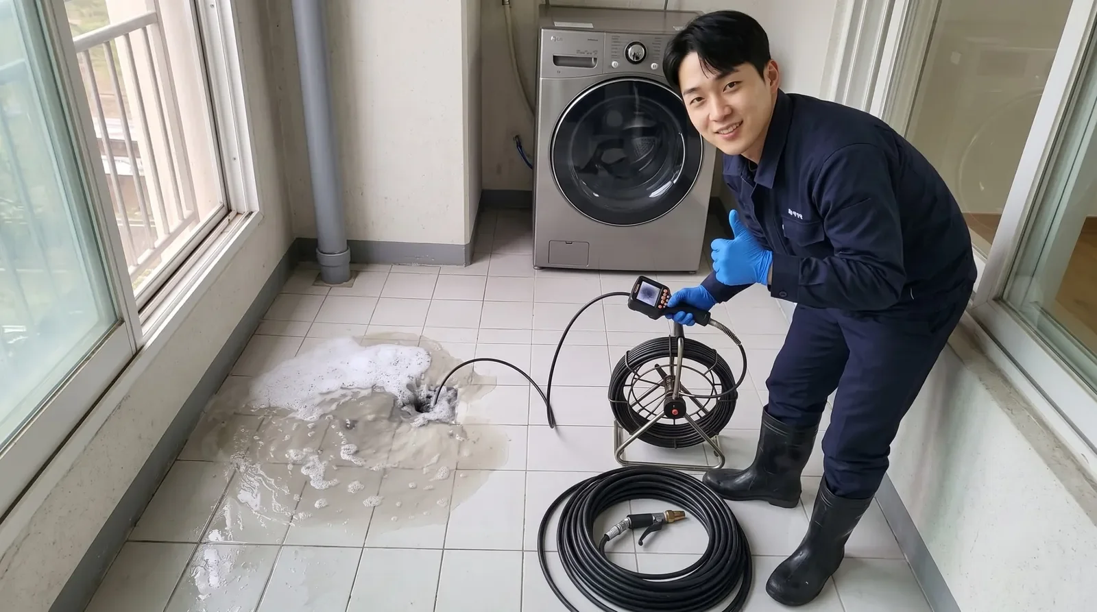 서울 동북권 세탁실 배수구 역류 현장에서 배관내시경을 든 기술자